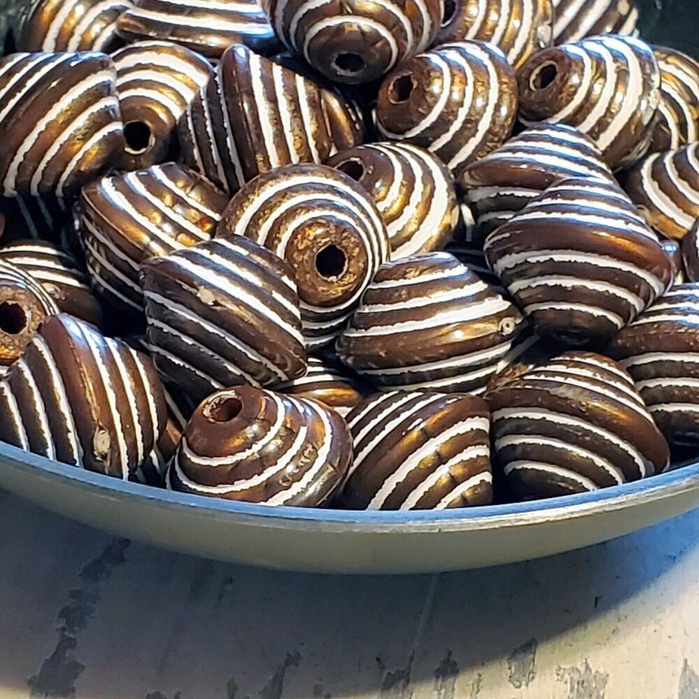 Vintage 80s Bronze White Striped New Wave 14X12 Bicone Acrylic Beads 10 pcs